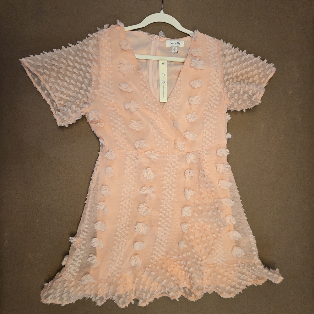 She + Sky Peach Textured Pom Mini Dress